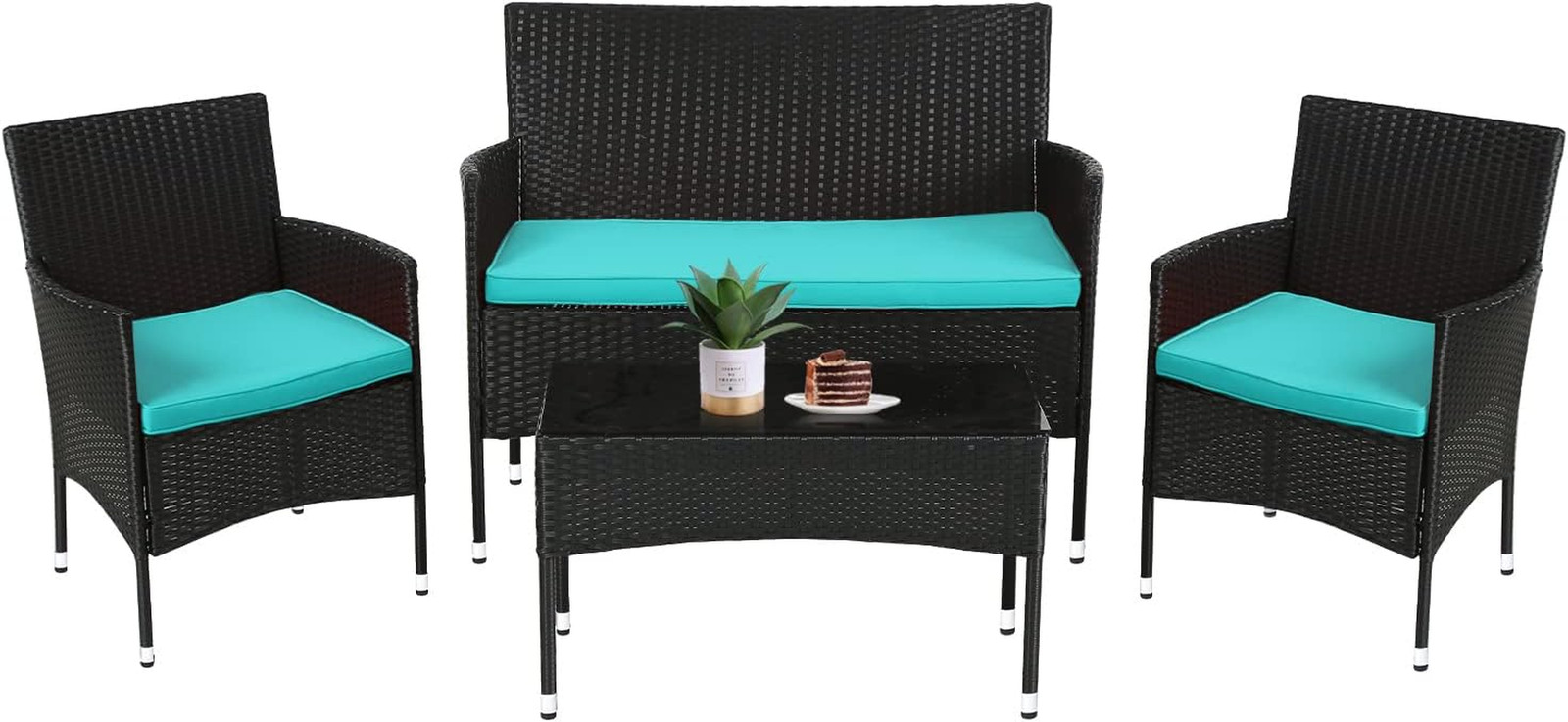 Stylish 4-Piece Rattan Patio Set with Loveseat, Coffee Table & Blue Cushions