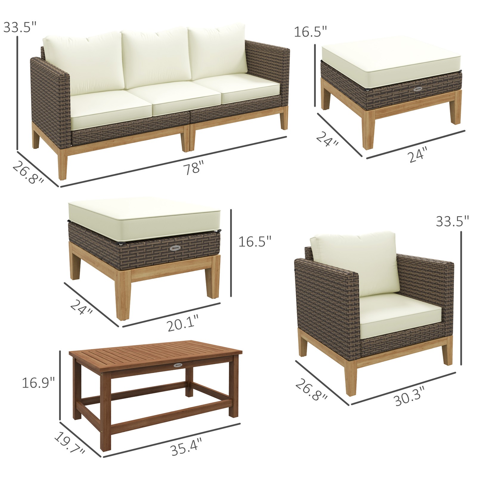 Outsunny Patio Furniture Set w/ Cushions, 5 PCs PE Rattan Conversation Set