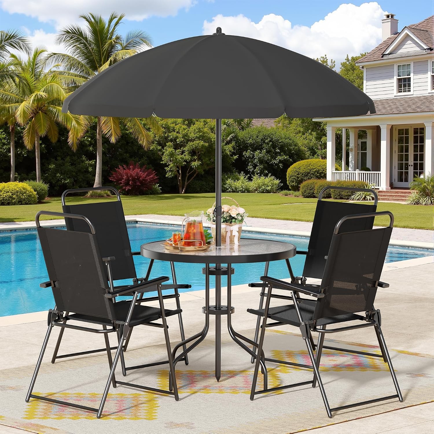 6 Piece Patio Dining Set with Umbrella Outdoor Furniture Set with 4 Folding