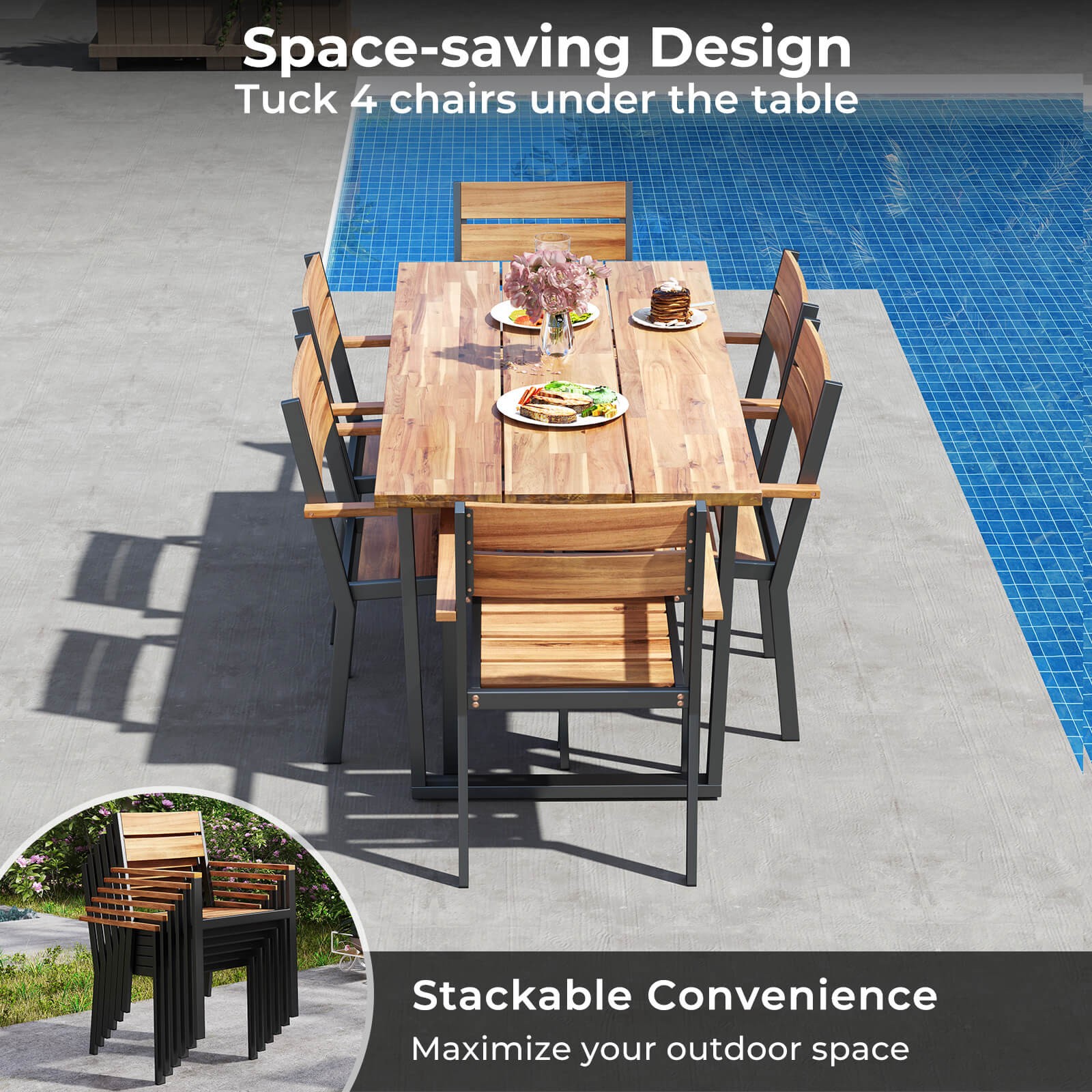 7 PCS Acacia Wood Patio Dining Set 6 Armchairs and 69” Table with 2” Umbrella