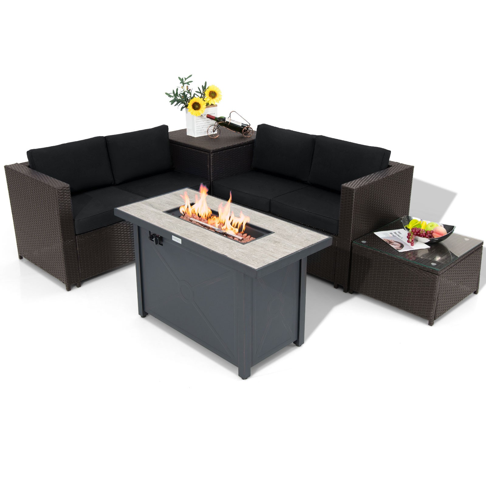 5PCS Patio Furniture Set w/42” Propane Fire Pit Table, Cushions, Storage Box