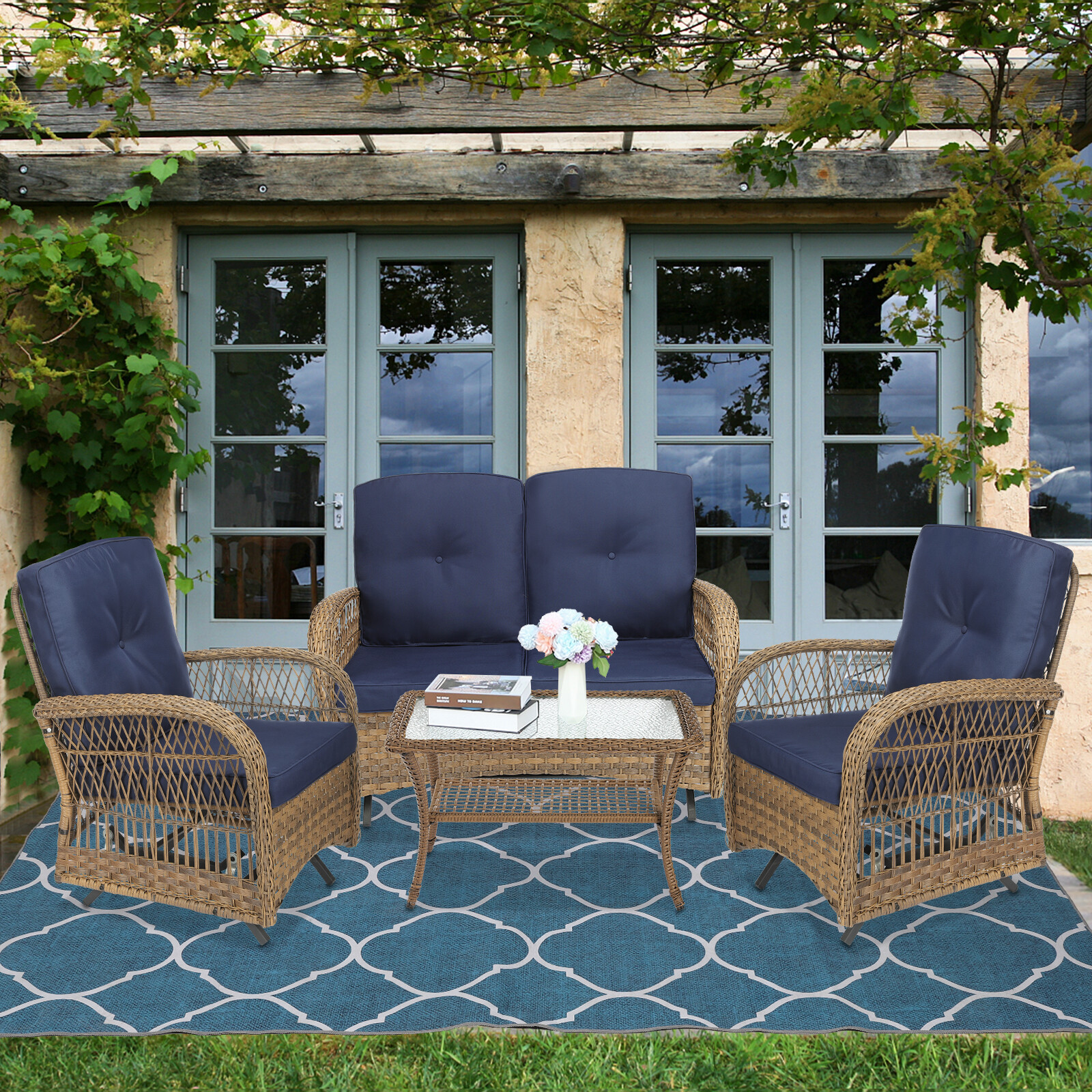 Outdoor Wicker Conversation Set W/Glider Loveseat & Chairs Table Patio Furniture