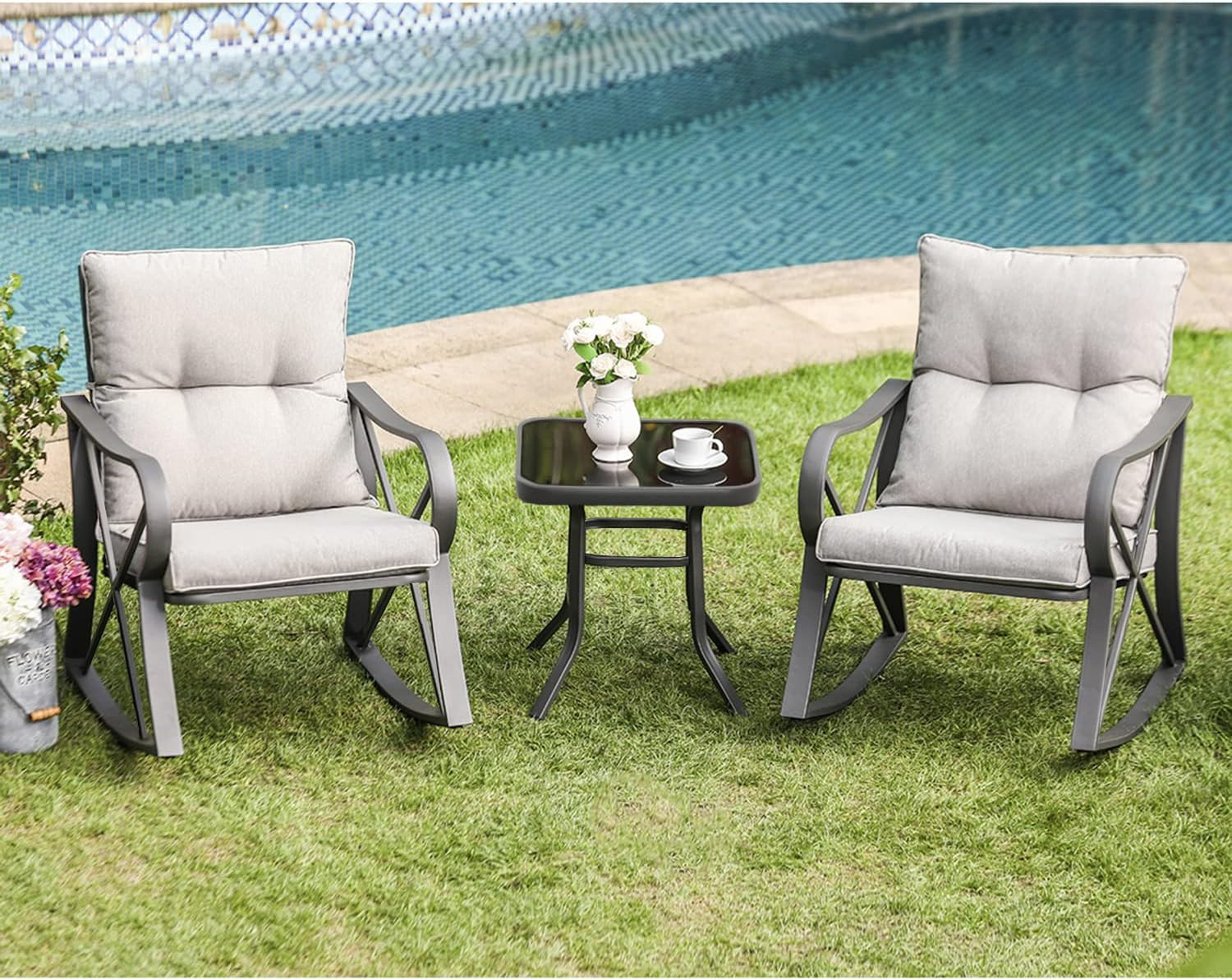 COSIEST 3 Piece Bistro Set Patio Rocking Chairs Outdoor Furniture W Warm Gray Cu