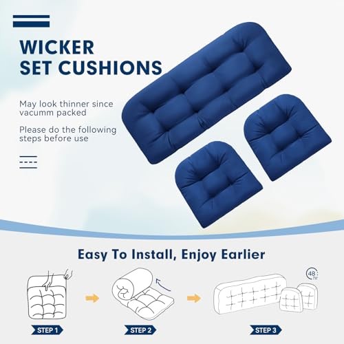 Wicker Chair Cushions 3 Piece Set, Outdoor Loveseat Wicker Cushions for Blue