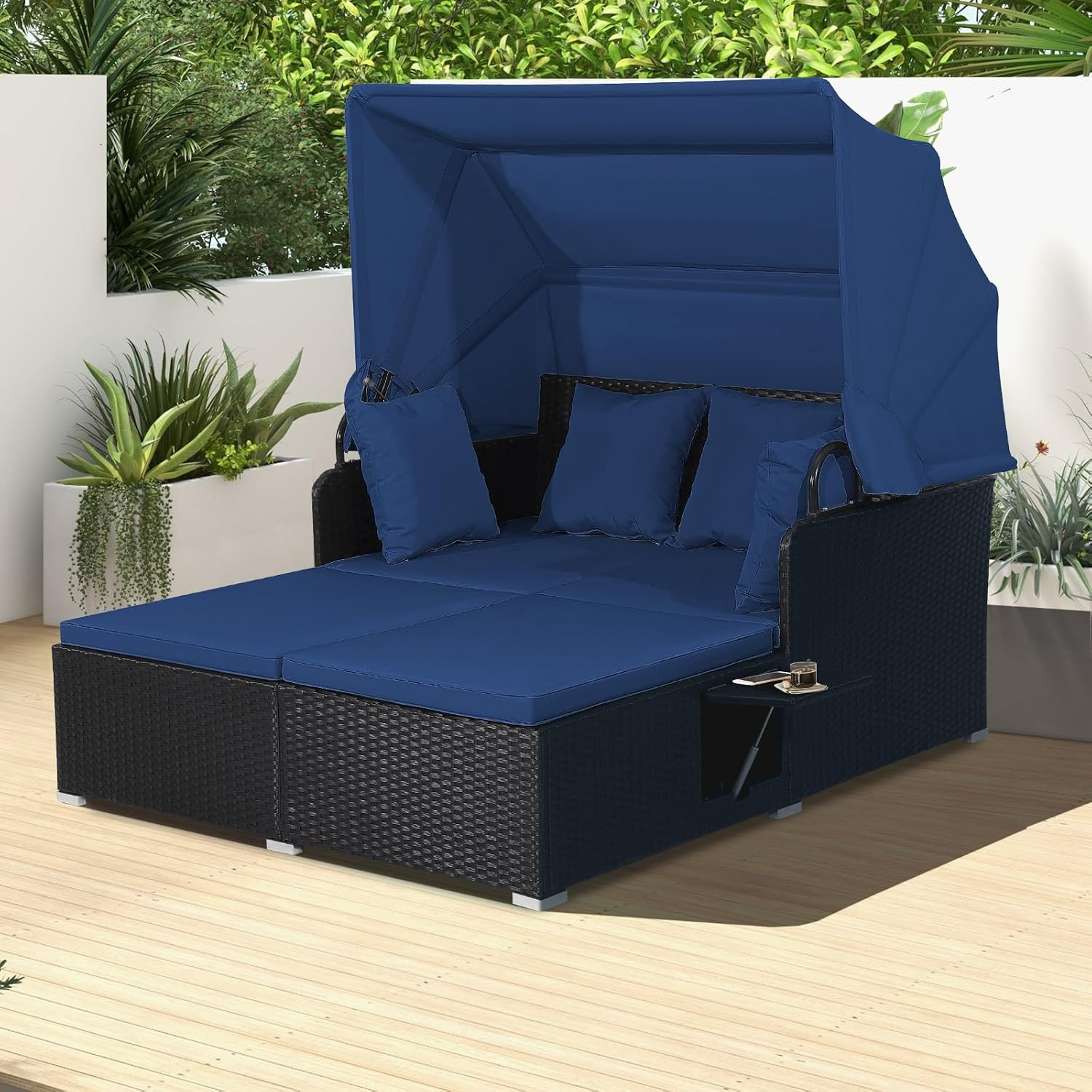 Outdoor Daybed, 2-Person Wicker Patio Sofa with Retractable Canopy, Cushions & P