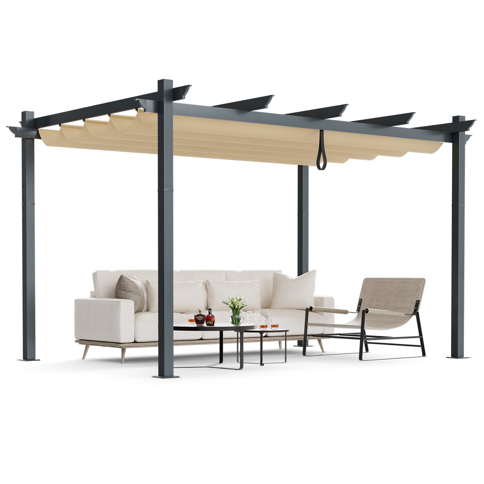 Costway10x13ft Aluminum Retractable Pergola Canopy Shelter Grape Trellis Beige