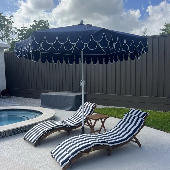 SAFAVIEH Pacifica 3Pc Wood Patio Chaise Lounge Set with Cushions Side Table Navy