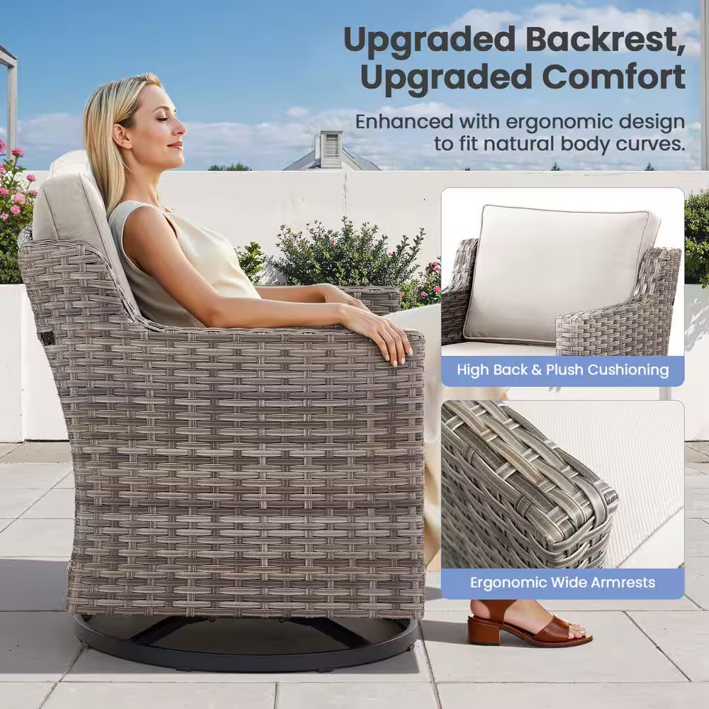 Hort 3-Piece Gray Wicker Outdoor Rocking Chair Set Patio Swivel Glider Lounge Ch
