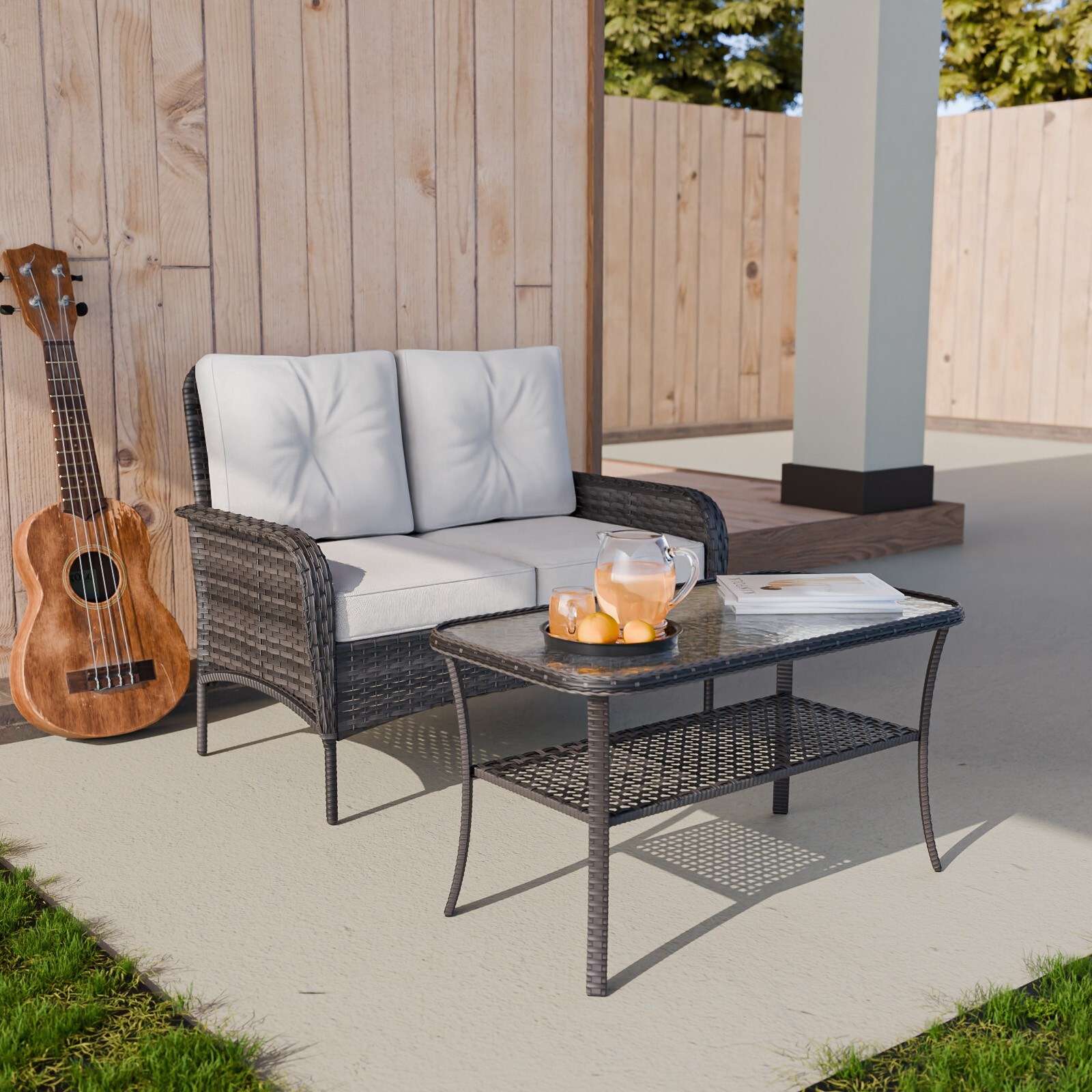EAGLE PEAK 2pc Rattan Outdoor Furniture Set with Loveseat and Coffee Table