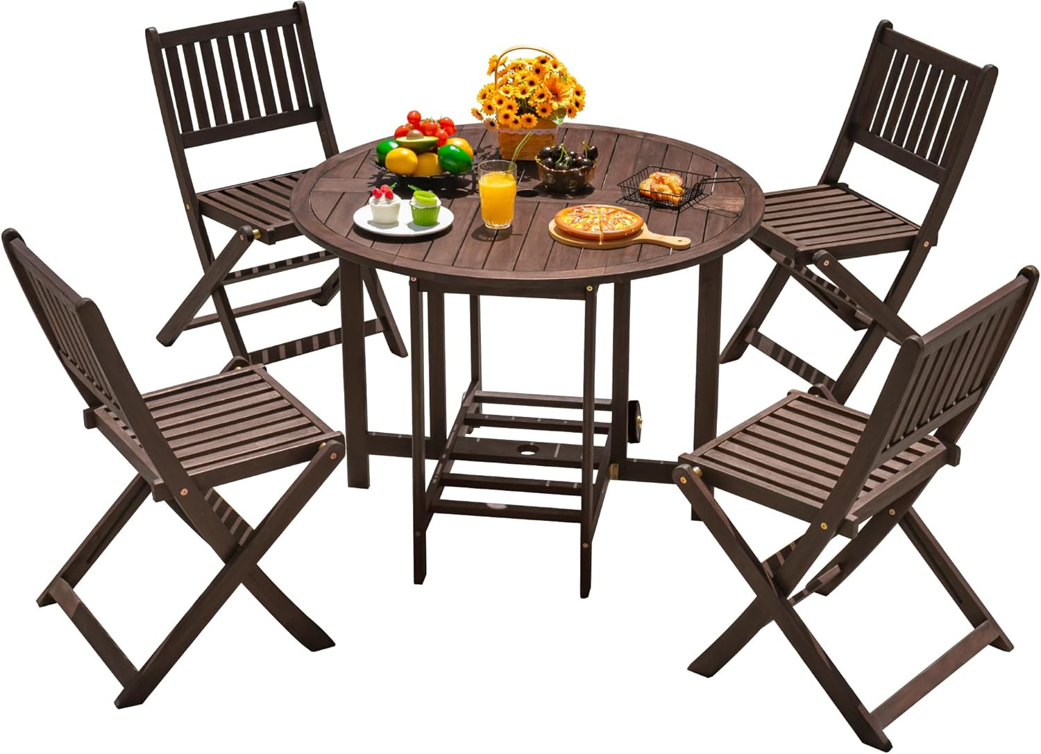 Devoko 5 PCS Patio Furniture, Patio Dining Set Acacia Wood Outdoor Table and Cha