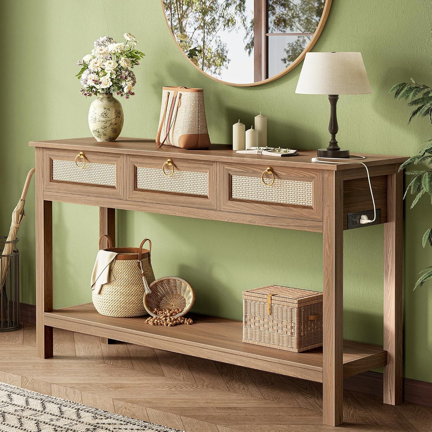 Rattan Console Sofa Table with Outlets and USB-C Port, 3 Der