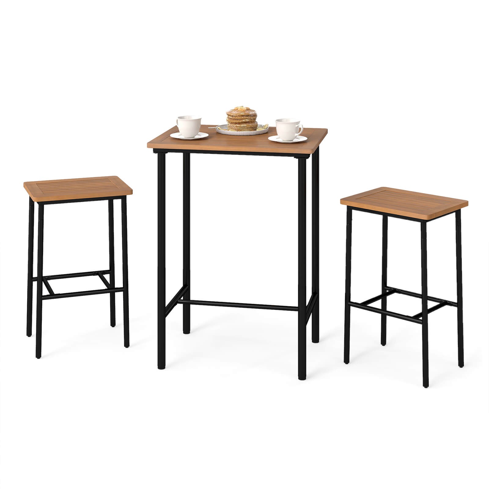 3 PCS Acacia Wood Patio Bar Set, Outdoor Bar Height w/Metal Frame for Balcony