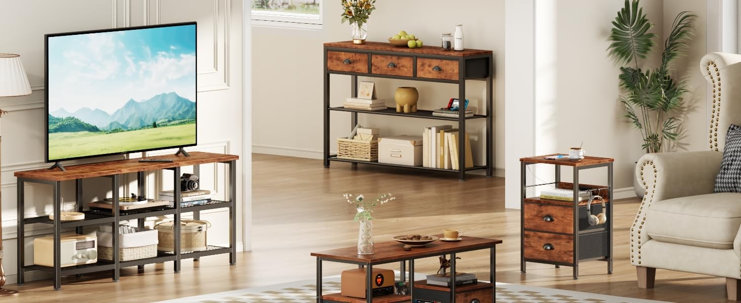 Nightstand Set of 2, Rustic Brown, with Charging Stat and USB