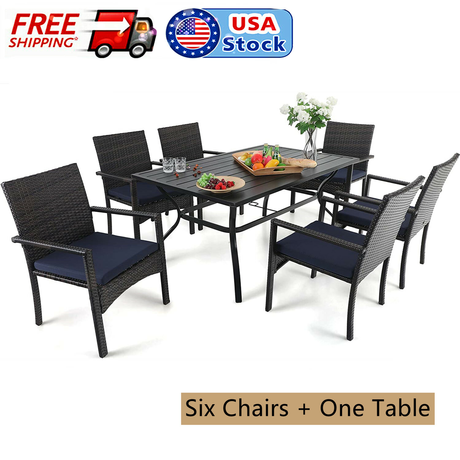 7 Piece Outdoor Patio Furniture Set Rattan Chairs Metal Table Wicker Furnitures