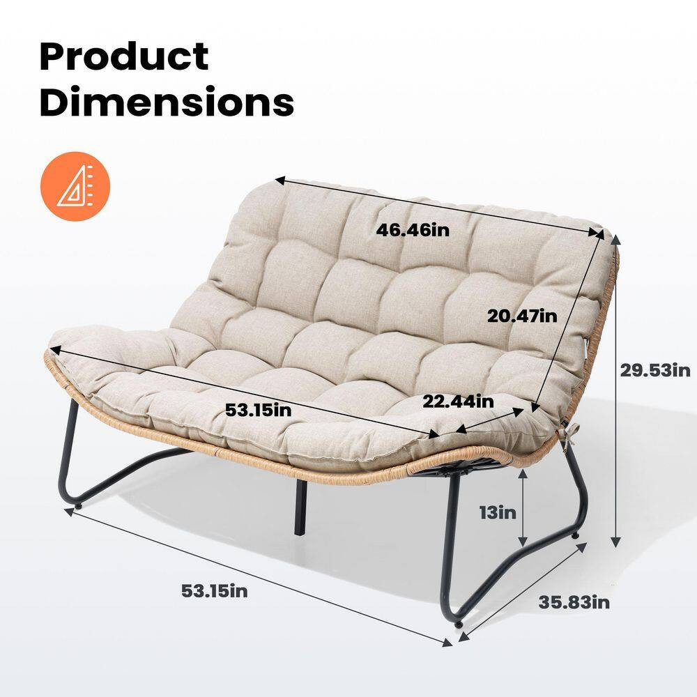1-Piece Metal Frame Brown Faux Rattan Wicker Outdoor Loveseat with Beige Cushion