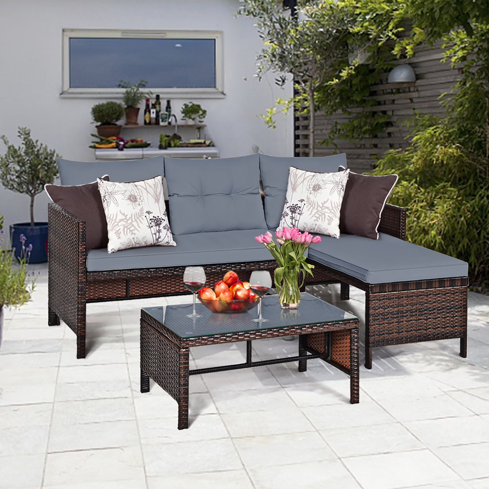 Sofa Seccional De Mimbre Con Mesa y Cojines Juego 3 PCS Patio Exterior En Oferta