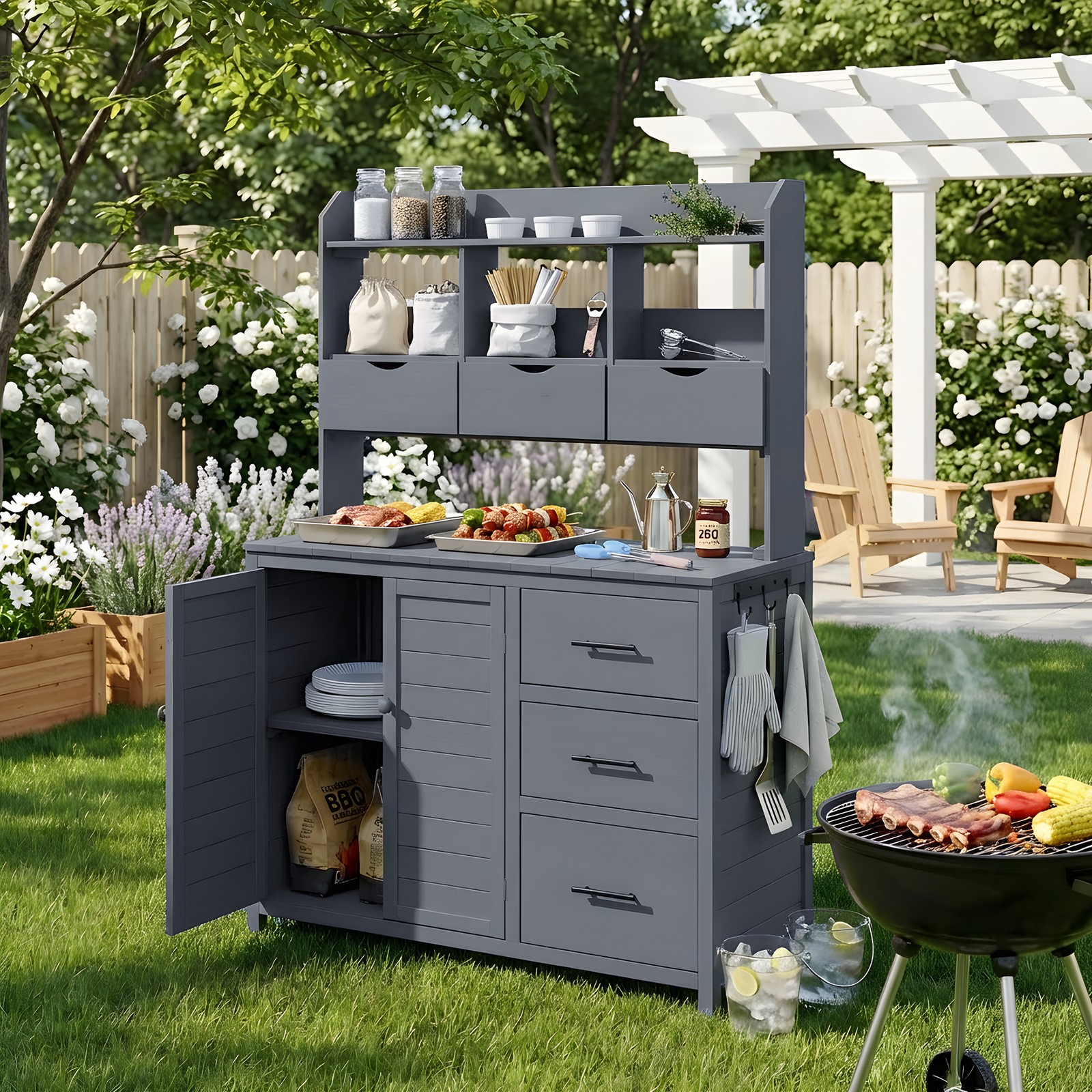 Farmhouse Patio Potting Bench, 44.6″x19.5″ Workstation w/ 6 Drawers & Cabinet