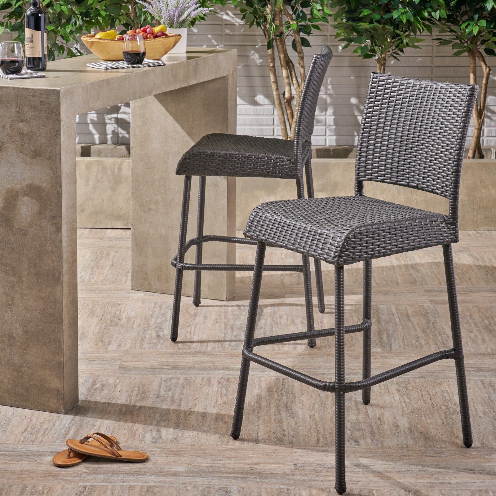 29″ PE Rattan Armless Barstools, Set of 2, Grey