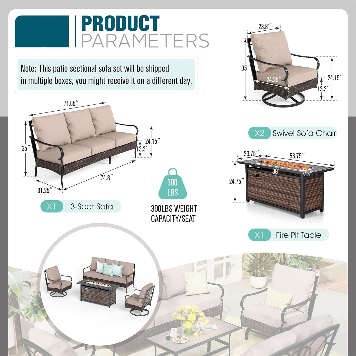 4Piece Oversized Patio Furniture Set w/ Fire Pit Table Outdoor Swivel Sofa Chair