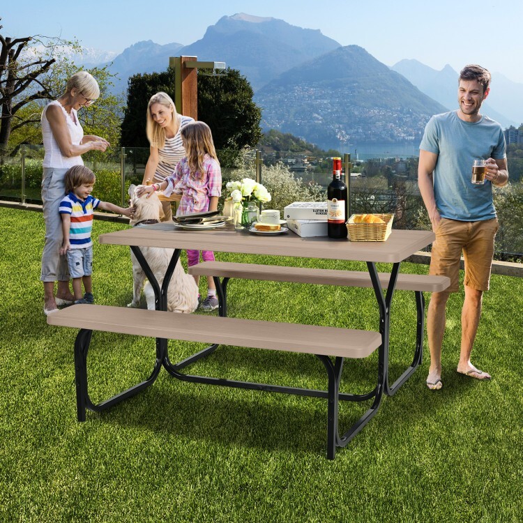 HDPE Rectangular Patio Picnic Table Bench Set Camping Dining Seat W/ Metal Base