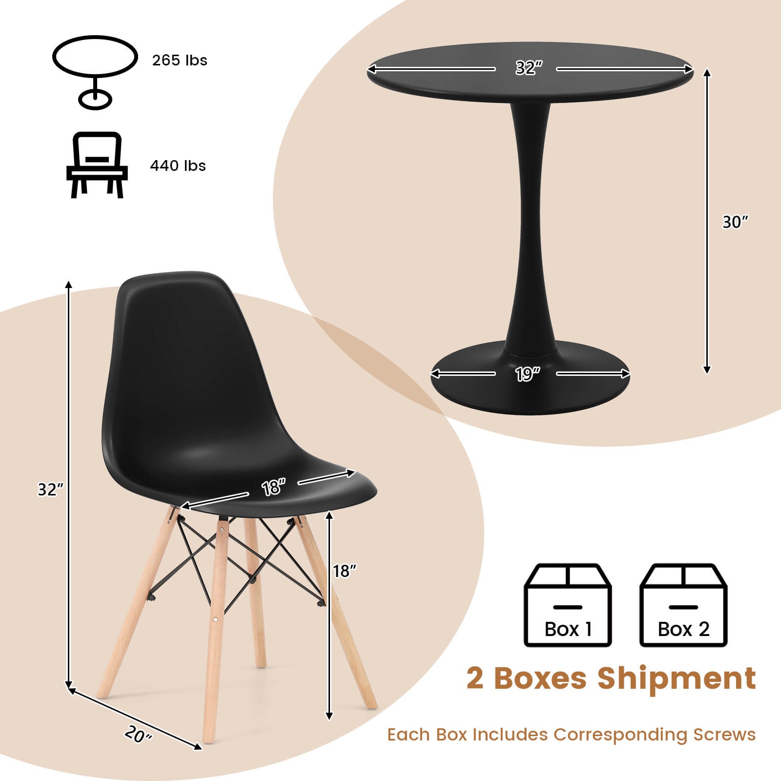 3PCS Dining Kitchen Set Modern Round Dining Table Chairs for Small Space