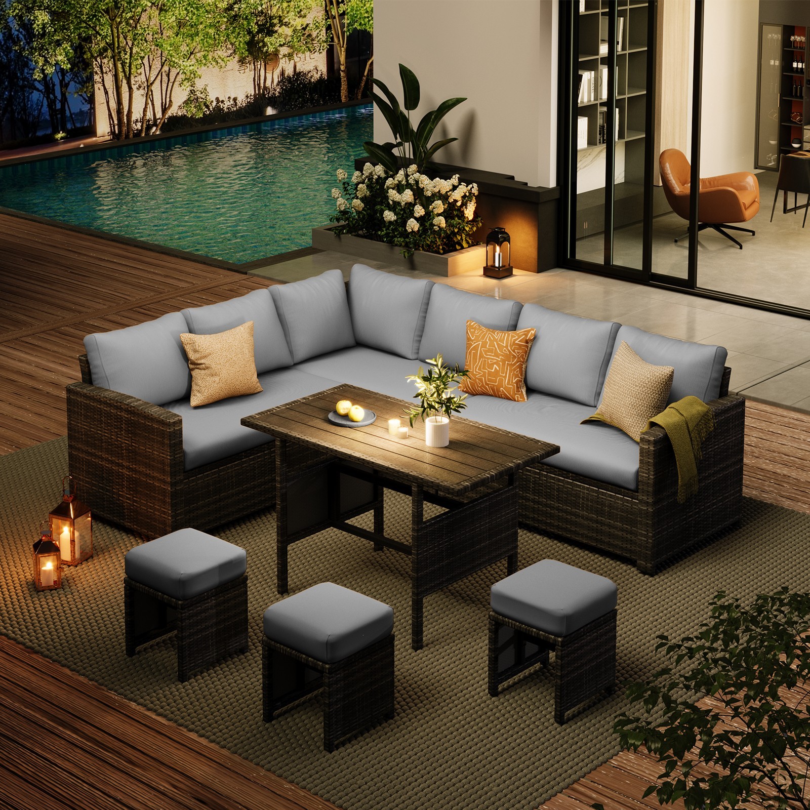 7 Pieces Outdoor Rattan Sectional Sofa Patio Furniture Set w/ Protection Cover