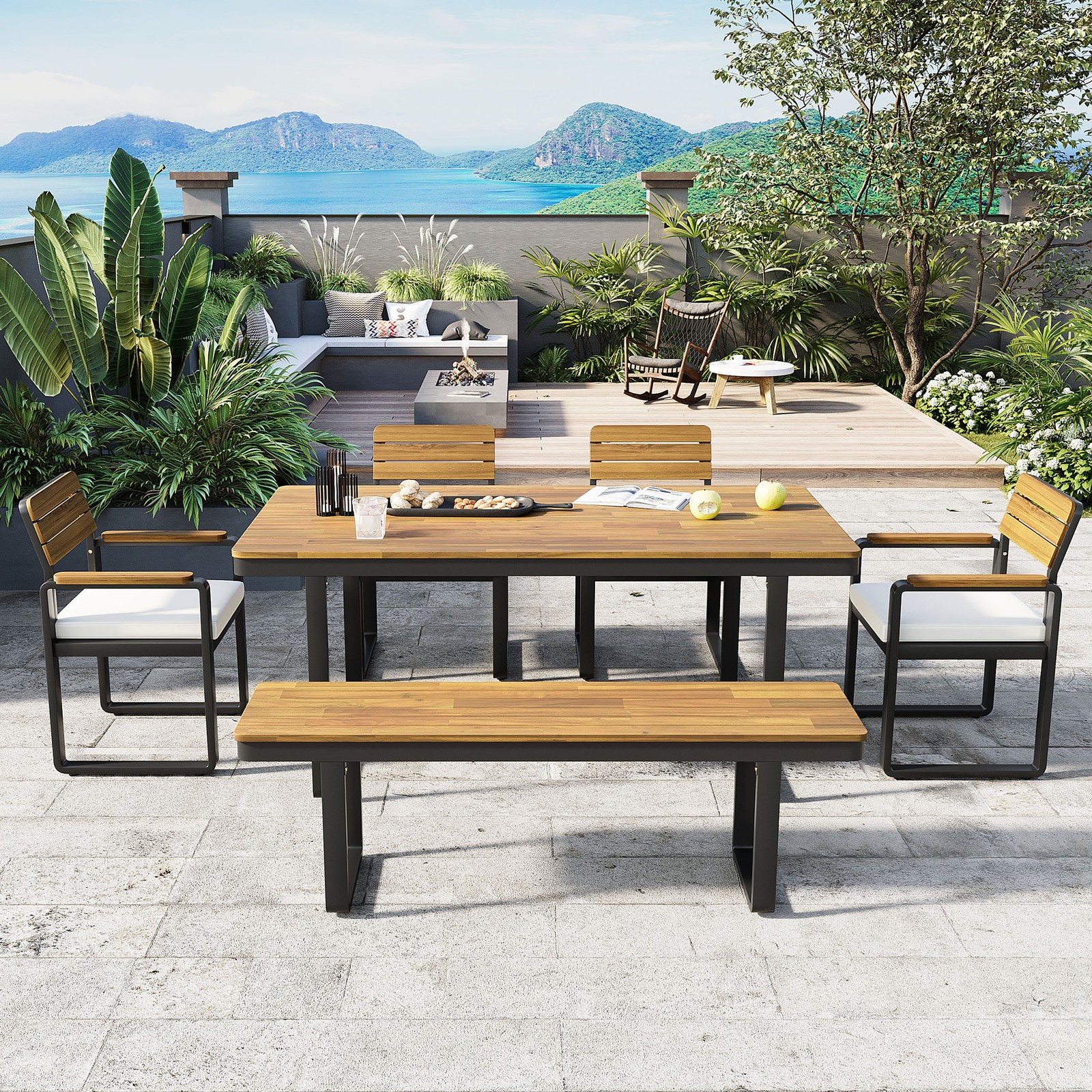 6-Piece Acacia Wood Outdoor Dining Set with 4 Chairs & 1 Bench