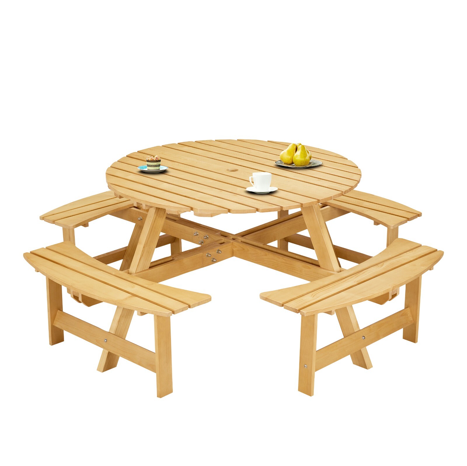 8-Person Outdoor Round Picnic Table Set with 4 Built-in Benches & Umbrella Hole