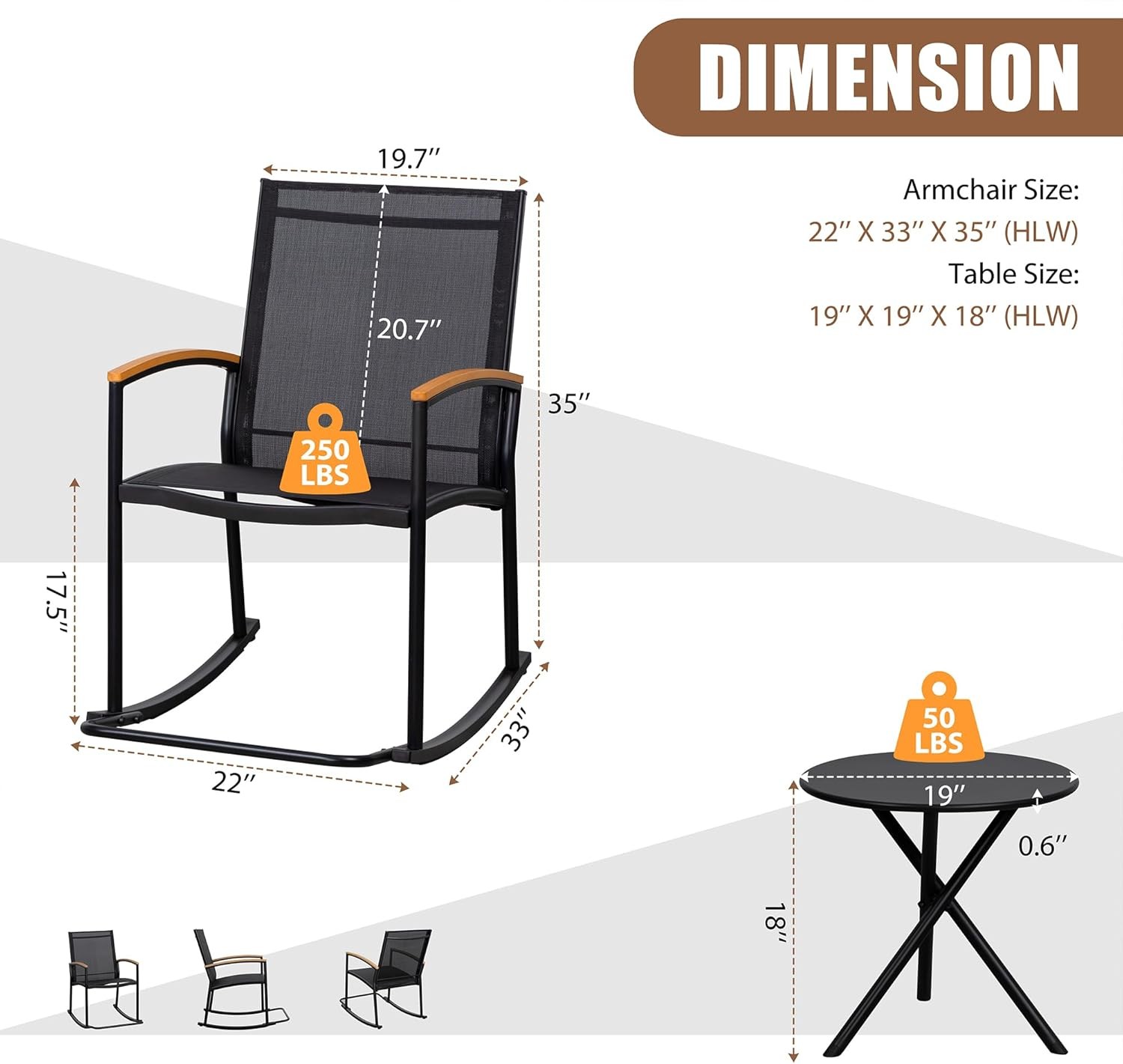 3 Piece Outdoor Rocking Bistro Set Textilene Fabric Small Patio Furniture Set
