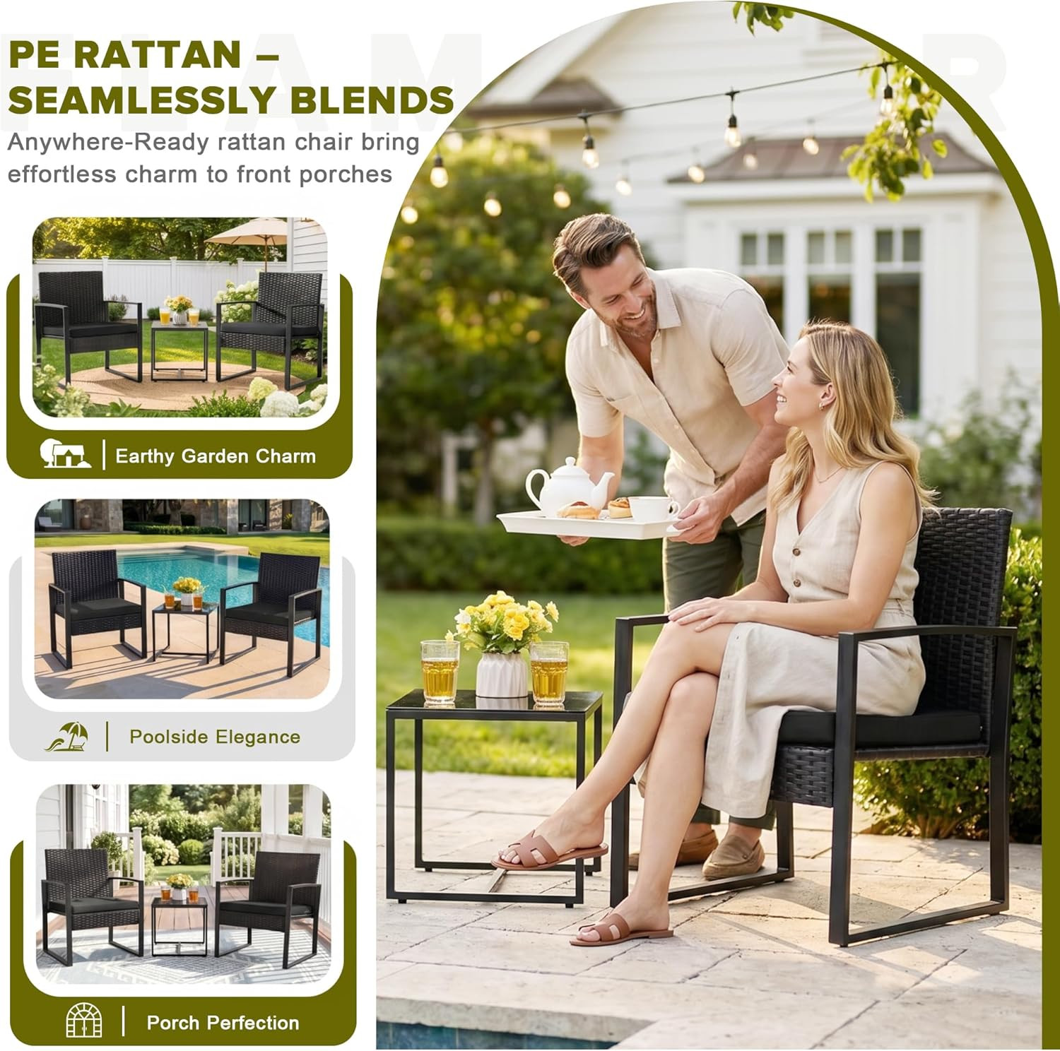 3 Pieces Outdoor Patio Wicker Furniture Set, Modern Rattan Chair Conversation Se