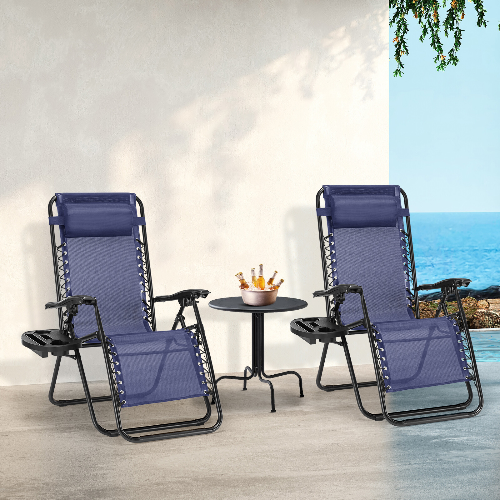 Portable Zero Gravity Lounge Chairs 2-Set Adjustable Pillow & Cup Holder Trays