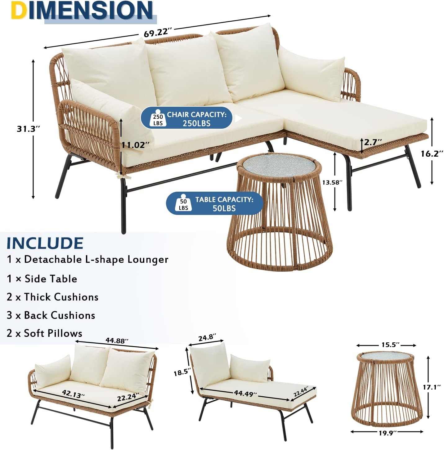 3 Piece Patio Furniture Set L-Shaped Sectional Conversation Sofa Set