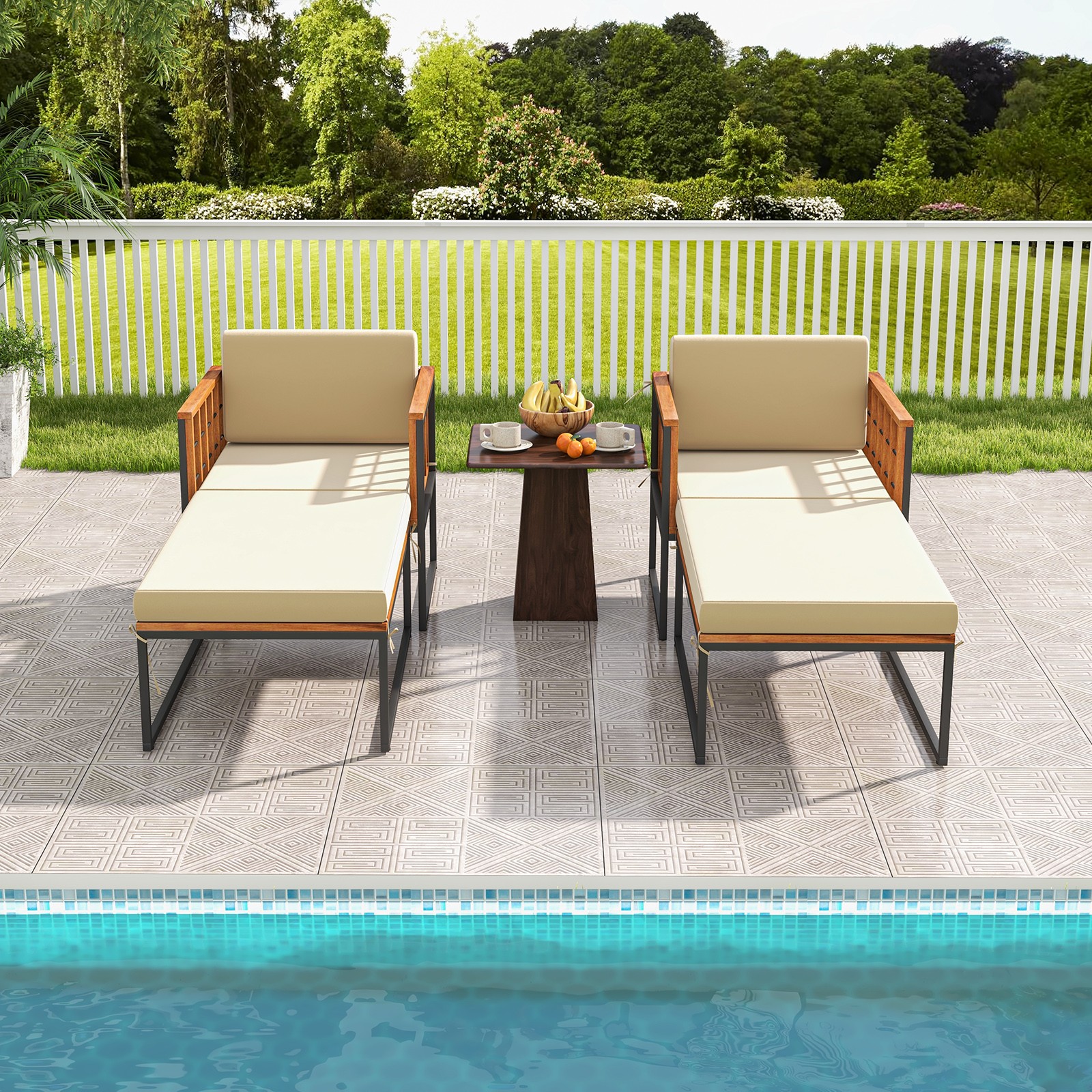 Outdoor Furniture Set Patio Acacia Wood Armchair w/ Long Ottoman Cozy Seat