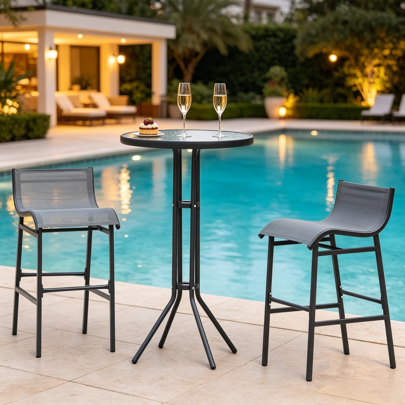Modern Bistro Set Patio Furniture with Tempered Glass Table Top