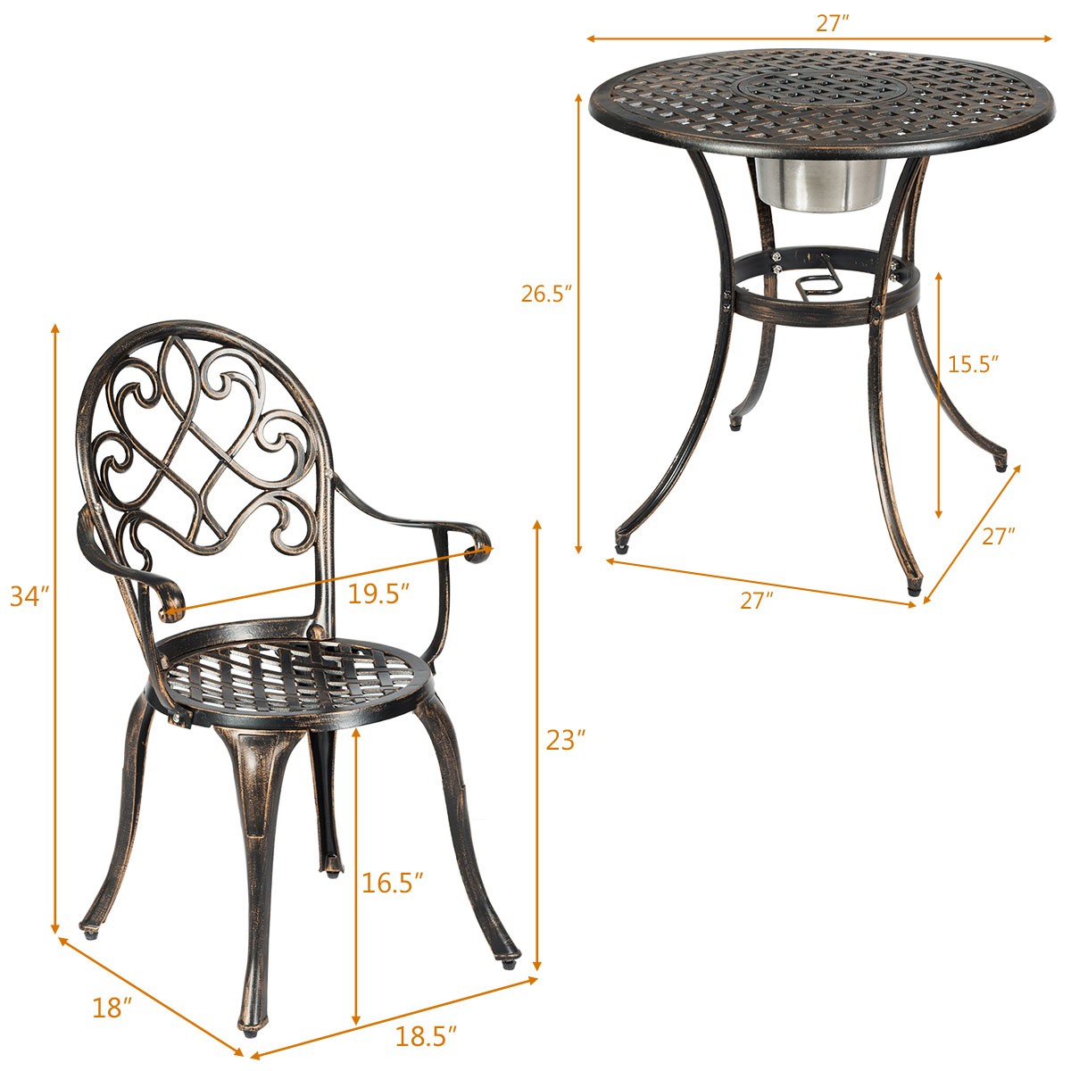 Costway 3PC Cast Aluminum Patio Set Country Yard w/Attached Removable Ice Bucket