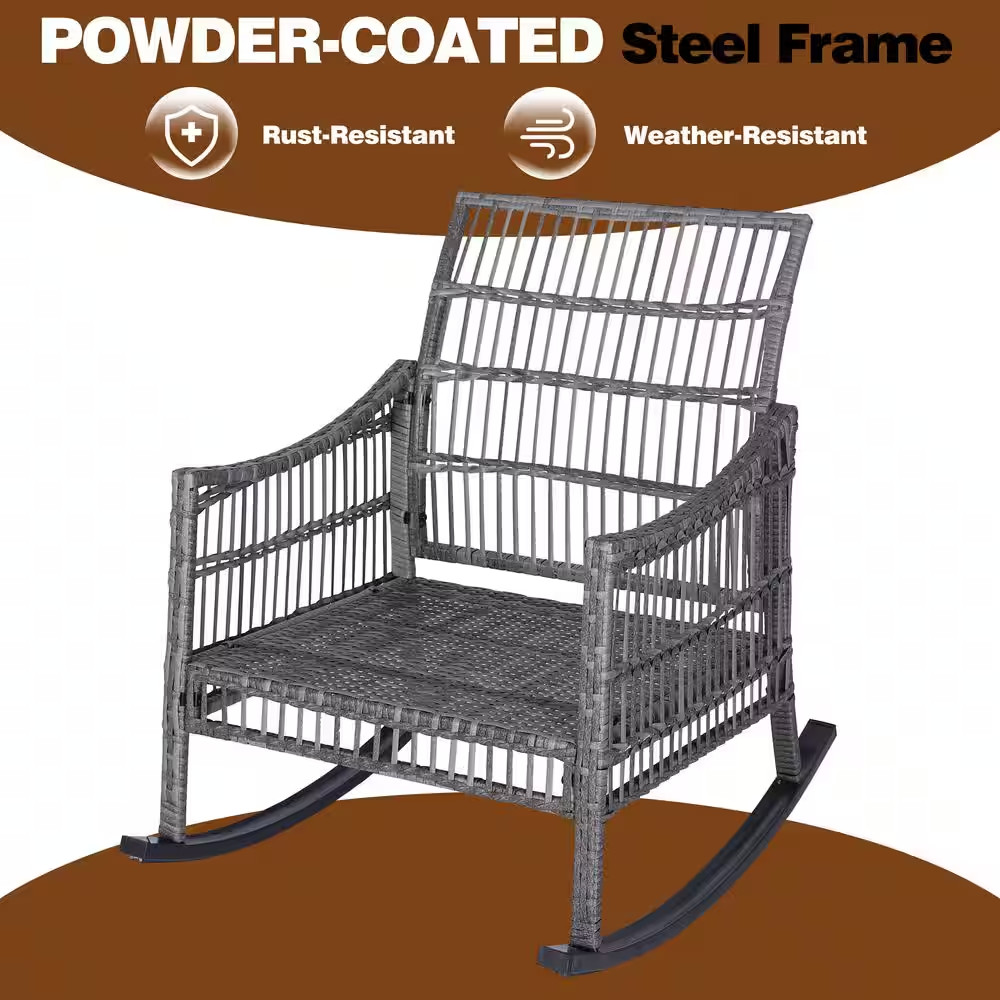 Gray 3-Piece Patio Wicker Outdoor Rocking Chair Set with Cushions and Pillows