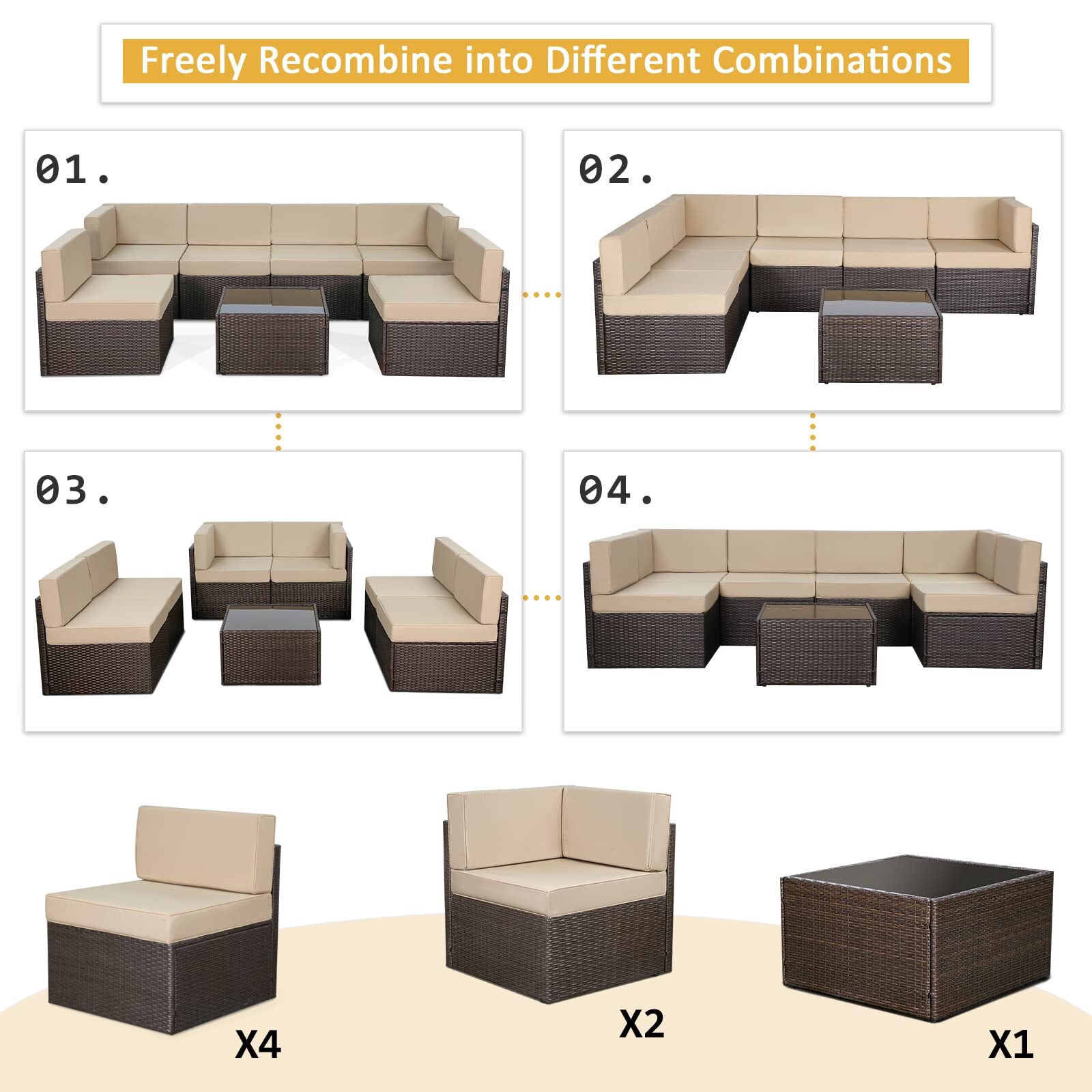 7-Pc PE Rattan Patio Sofa Set Outdoor Sectional Conversation Couch with Cushions