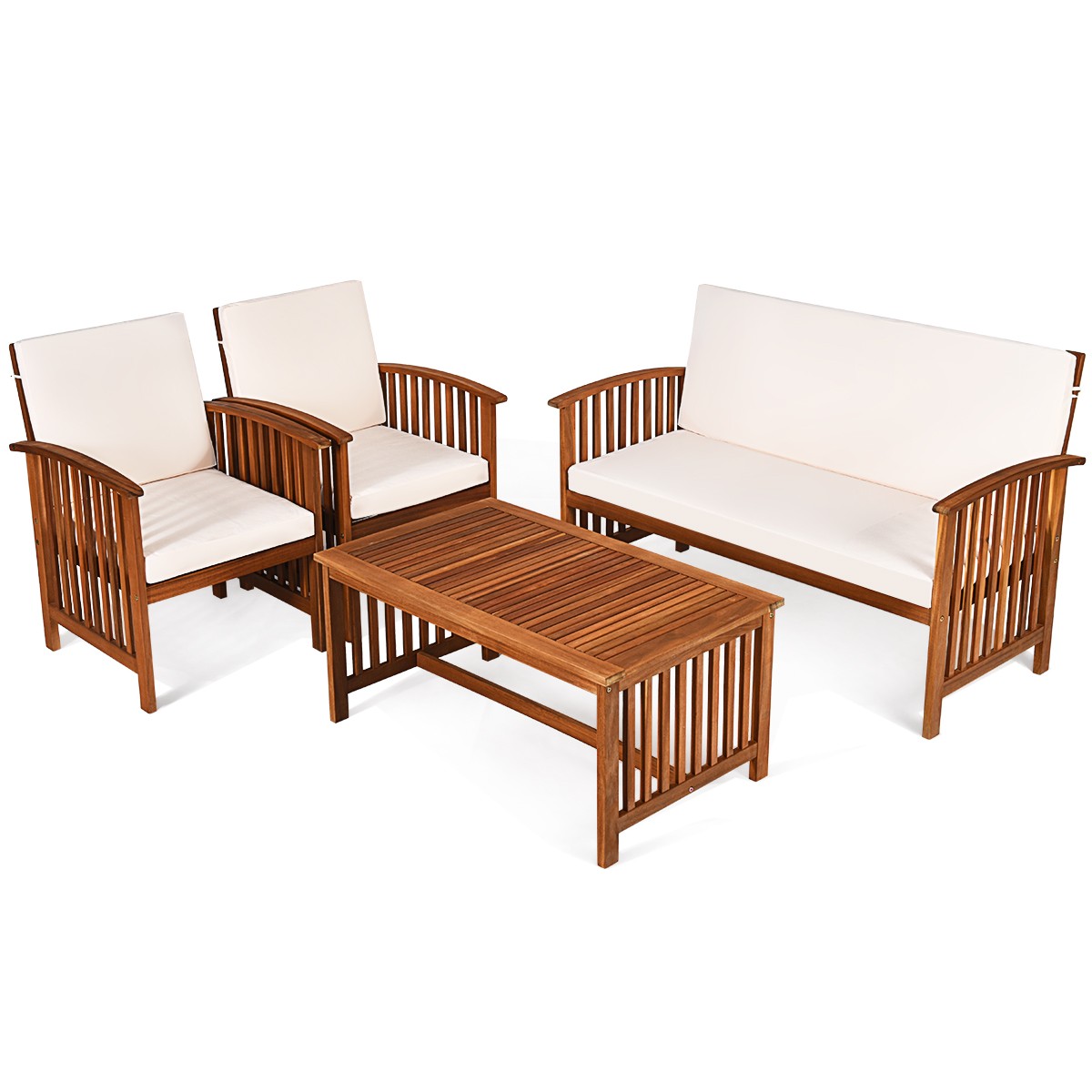 Patio 4PCS Solid Wood Furniture Set Conversation Chairs Table W/White Cushion
