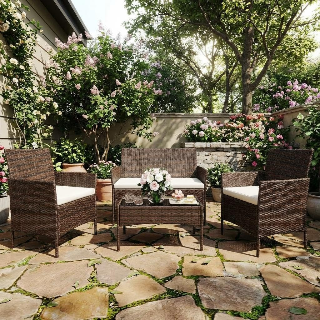 4-Piece Patio Furniture Set, Outdoor Wicker Conversation Set with Tempered Glass