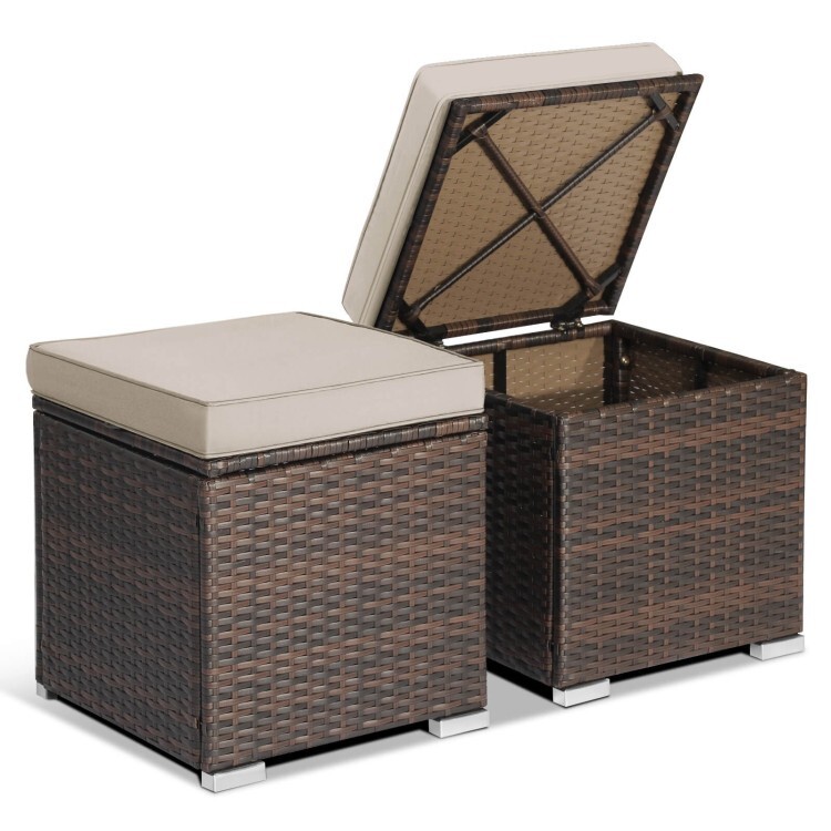 2Pcs Outdoor Patio Ottomans Hand-Woven PE Wicker Footstools w/Removable Cushions