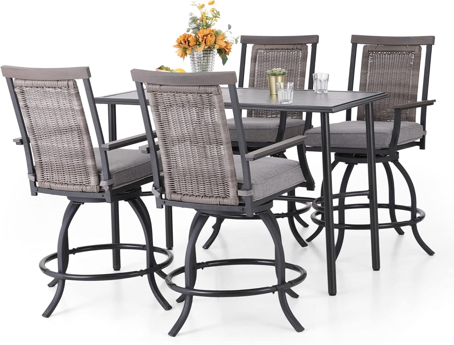 5PCS Outdoor Counter Height Table Chairs Set Swivel Bar Chairs Metal Bar Table