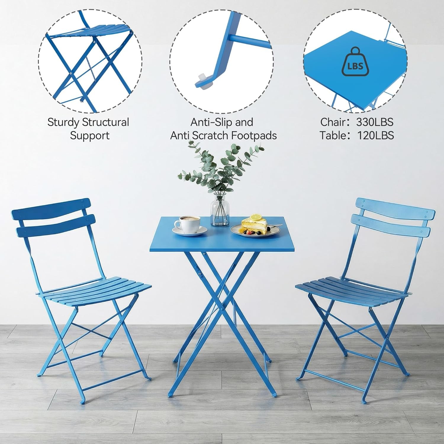 3-Piece Bistro Set Steel Frame Folding Patio Furniture w/ 2 Chair & Bistro Table
