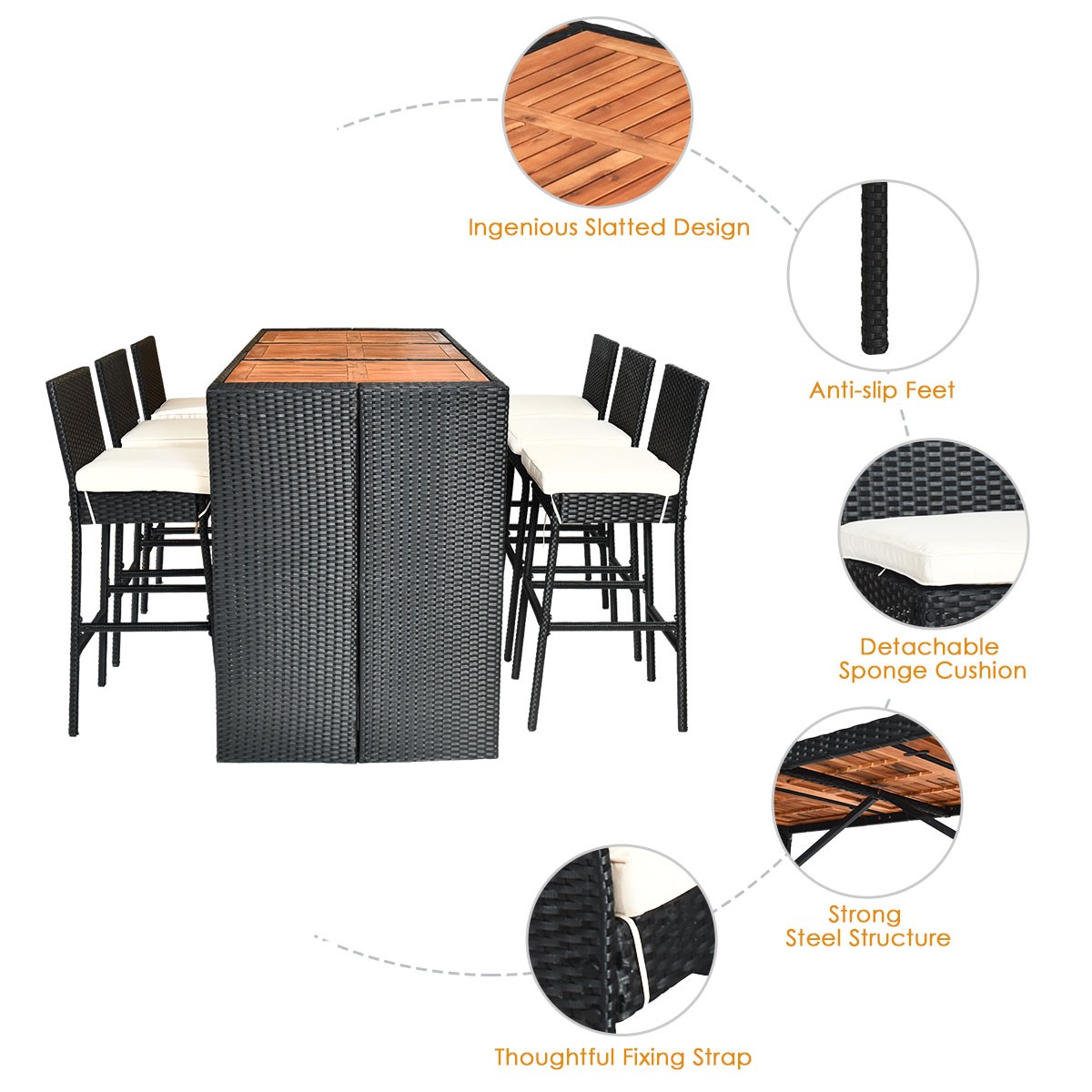 7 PCS Rattan Bar Table & Chair Set Dining Furniture Set Wood Table Top Outdoor