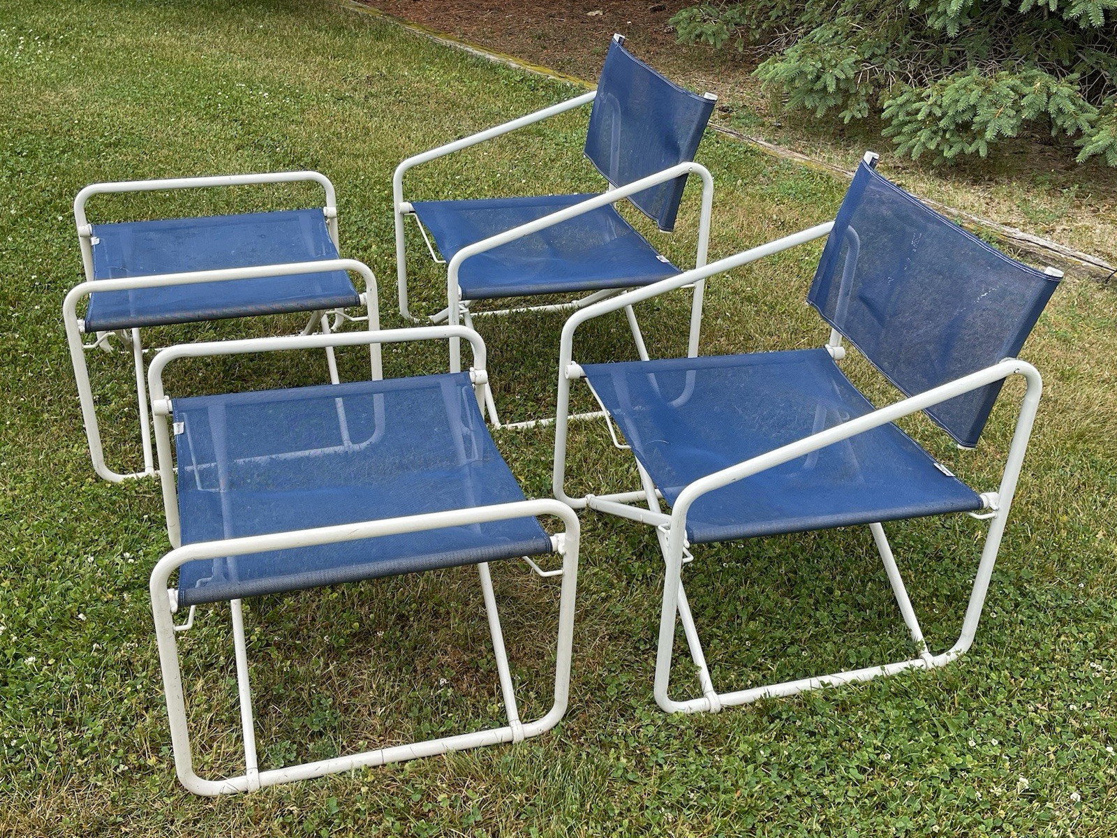 Brown Jordan Nomad Director 4 Piece Patio Chair Set — Vintage Folding Blue White