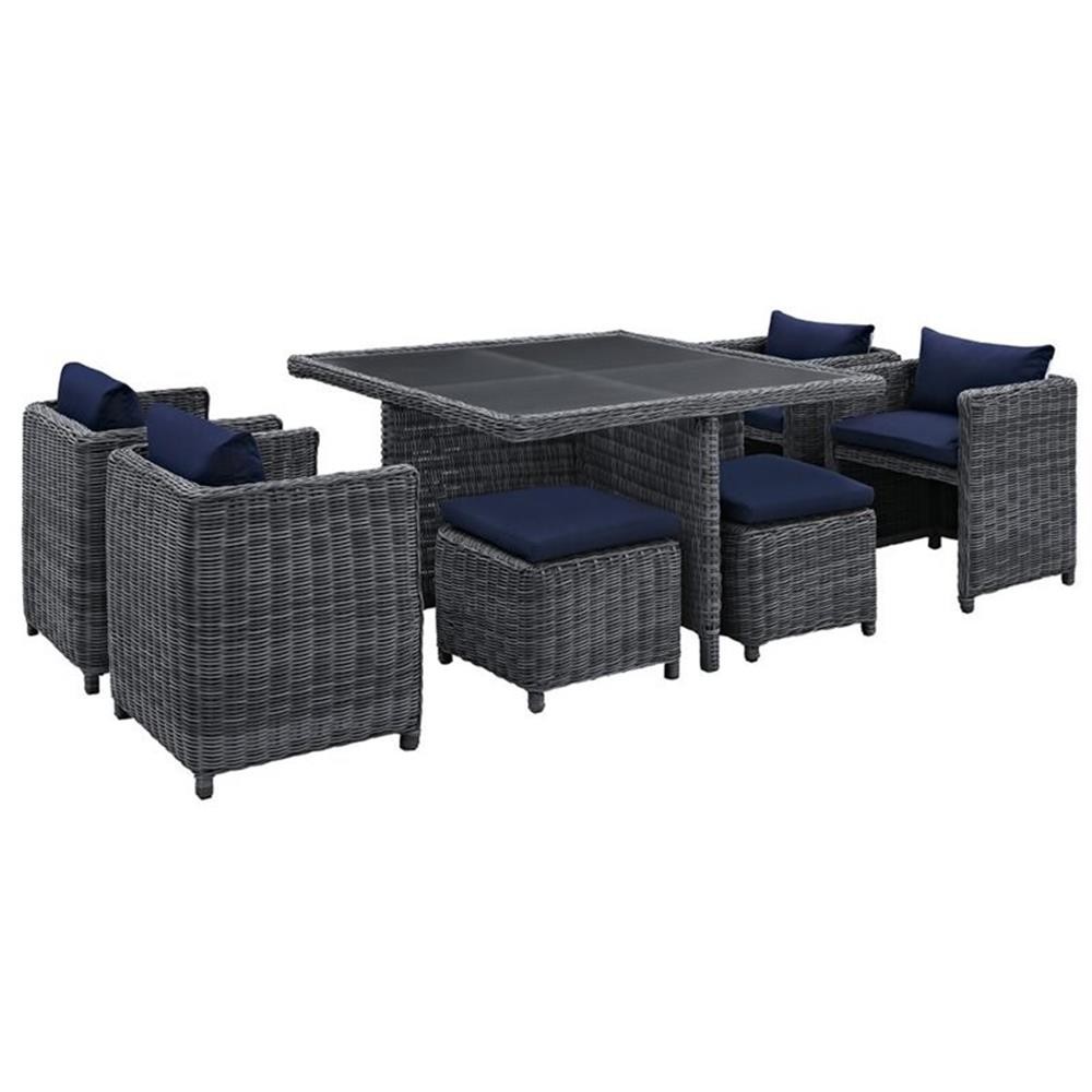 Modway Summon 9-Piece Aluminum and Rattan Patio Dining Set in Canvas/Navy