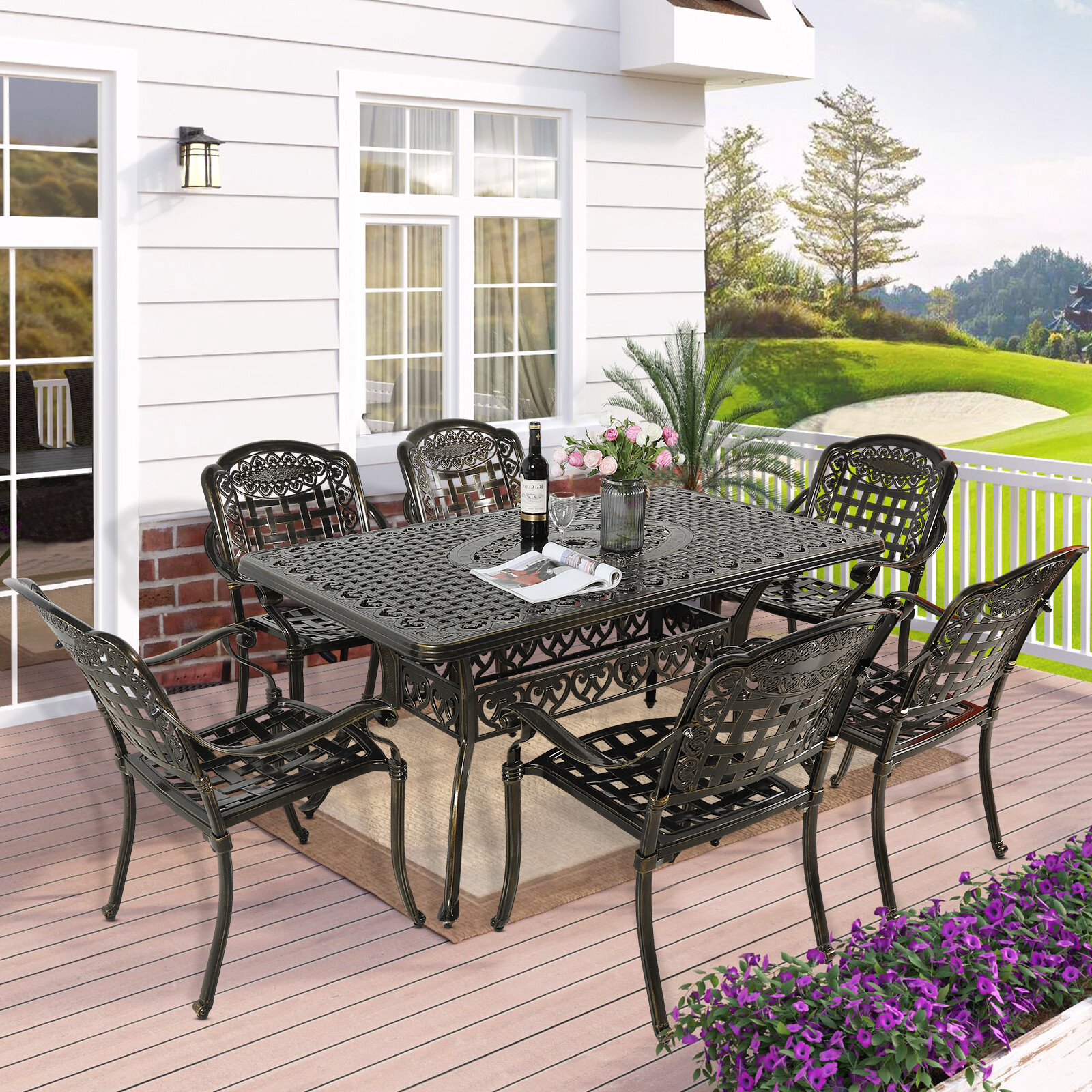 7-Piece Outdoor Patio Dining Furniture Set Rectangle Table 6 Chairs with Cushion