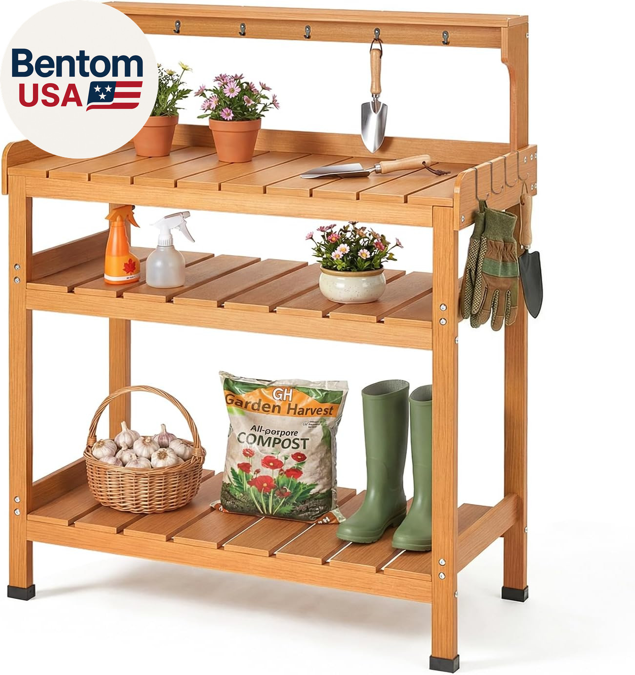 Potting Bench Table, Extra-Large Outdoor Garden Potting Bench (HDPS) with 9 Hook
