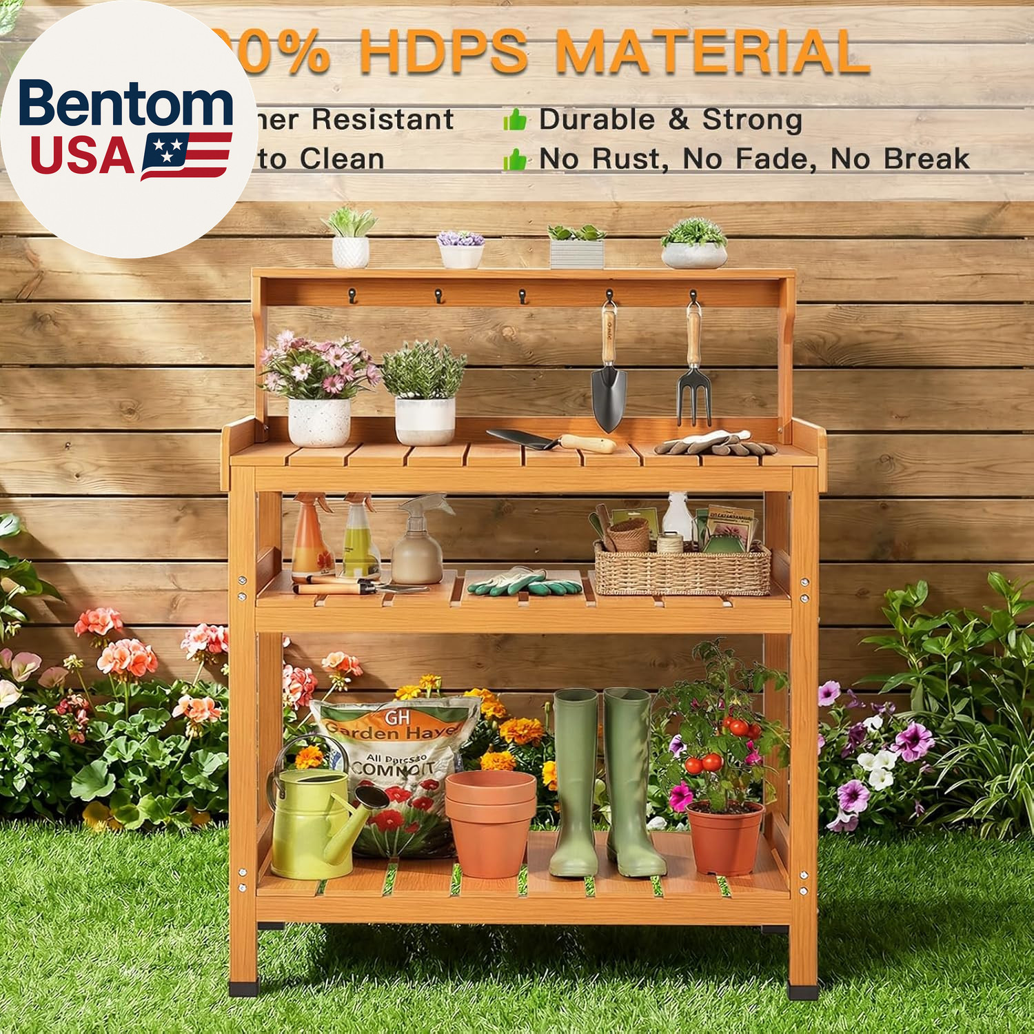 Potting Bench Table, Extra-Large Outdoor Garden Potting Bench (HDPS) with 9 Hook
