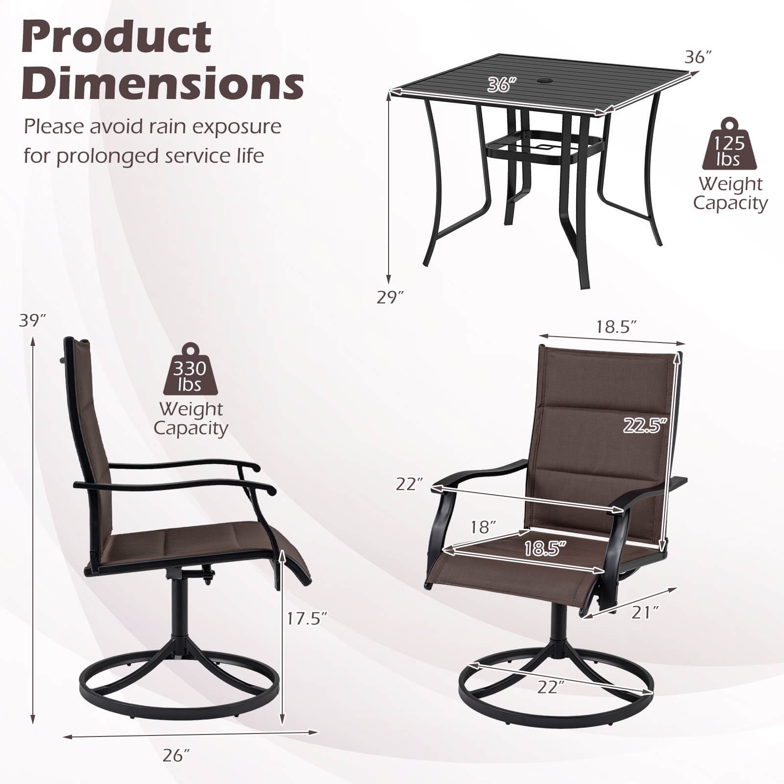 5PCS Outdoor Dining Set, 4 Swivel Chairs & Square Patio Table w/Umbrella Hole
