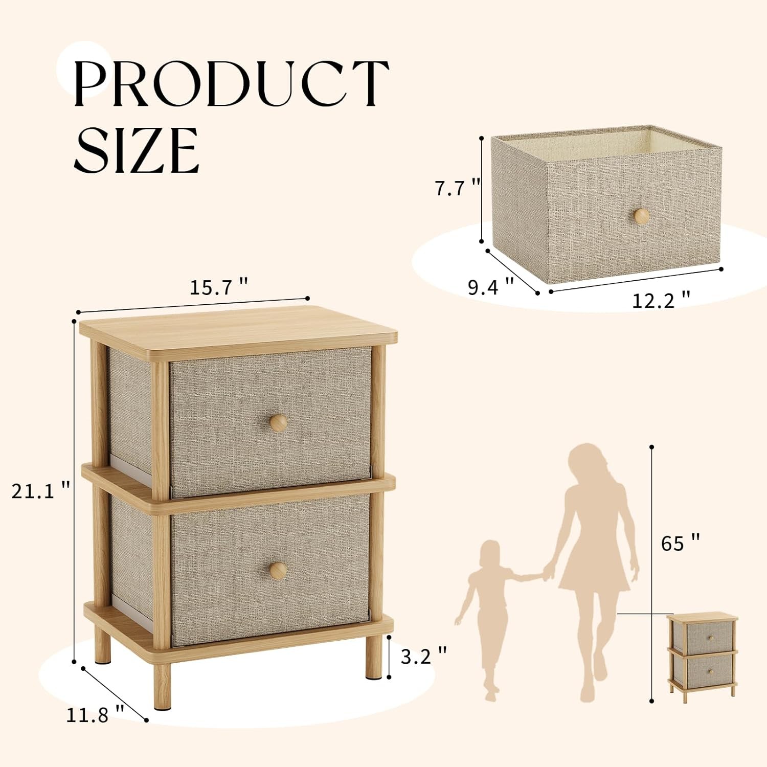 Nightstand with 2 Stora Ders, Boho Side Table with Solid
